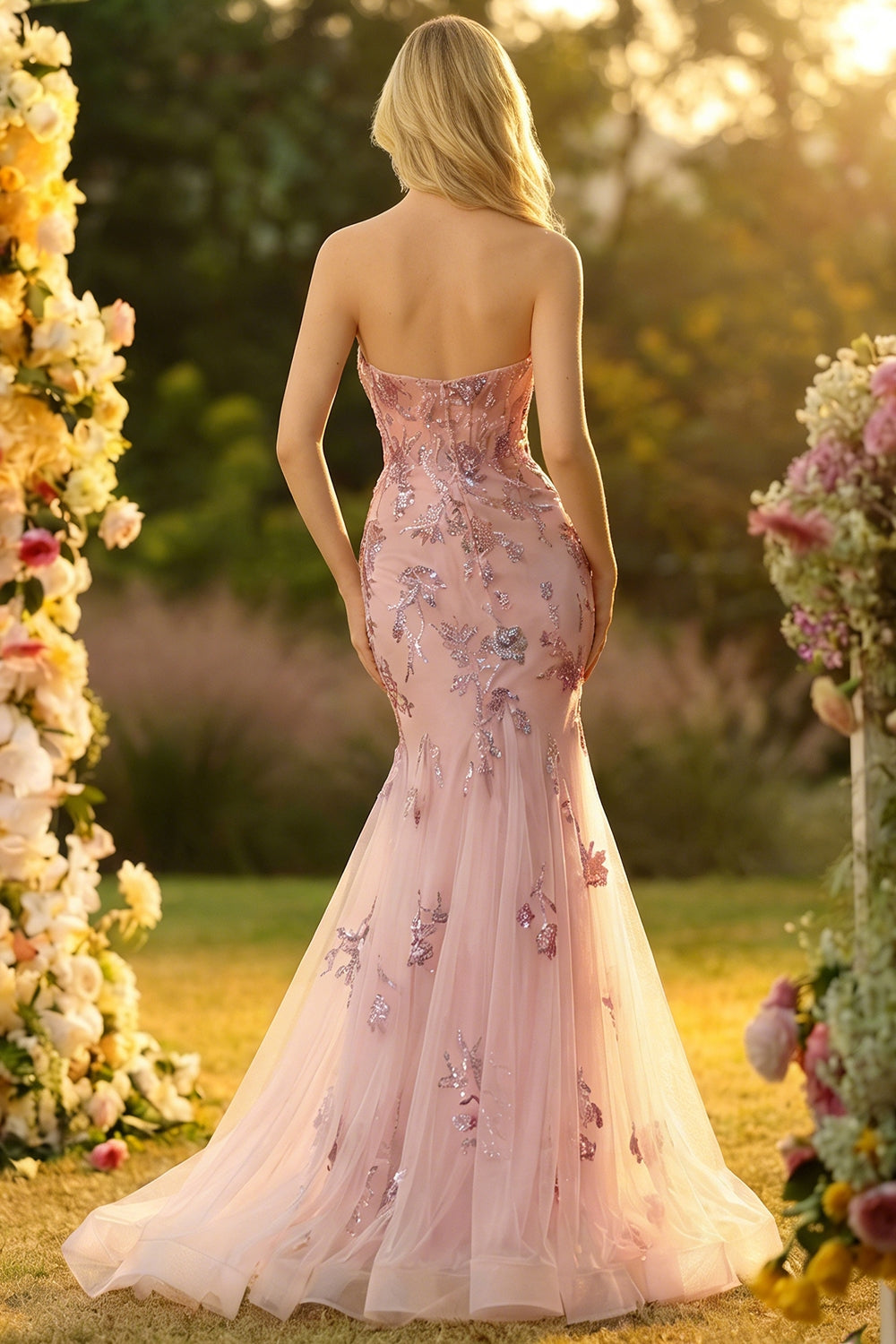 Floral Blush Mermaid Sweetheart Long Prom Dress with Cape