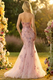 Floral Blush Mermaid Sweetheart Long Prom Dress with Cape