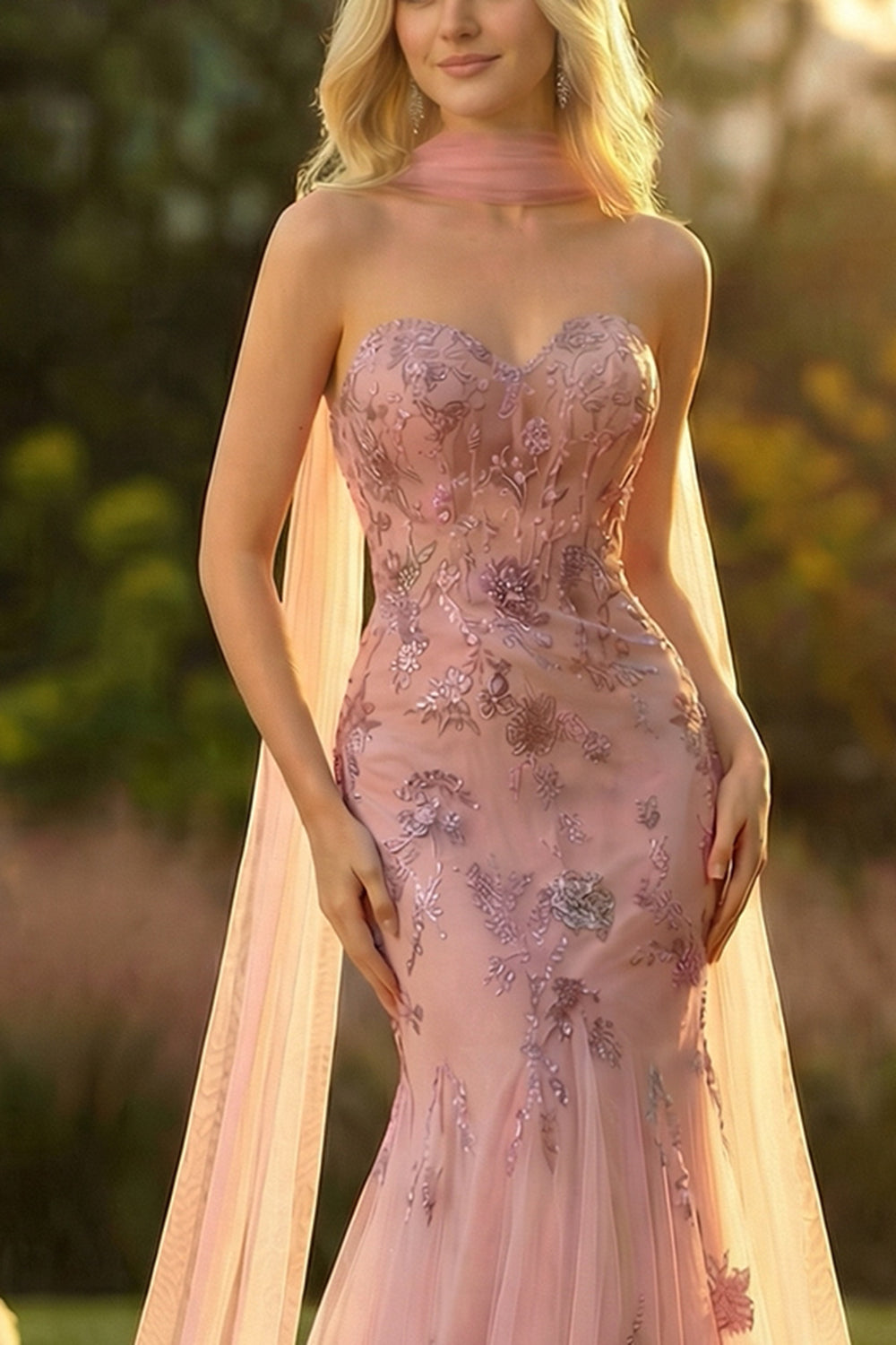 Floral Blush Mermaid Sweetheart Long Prom Dress with Cape