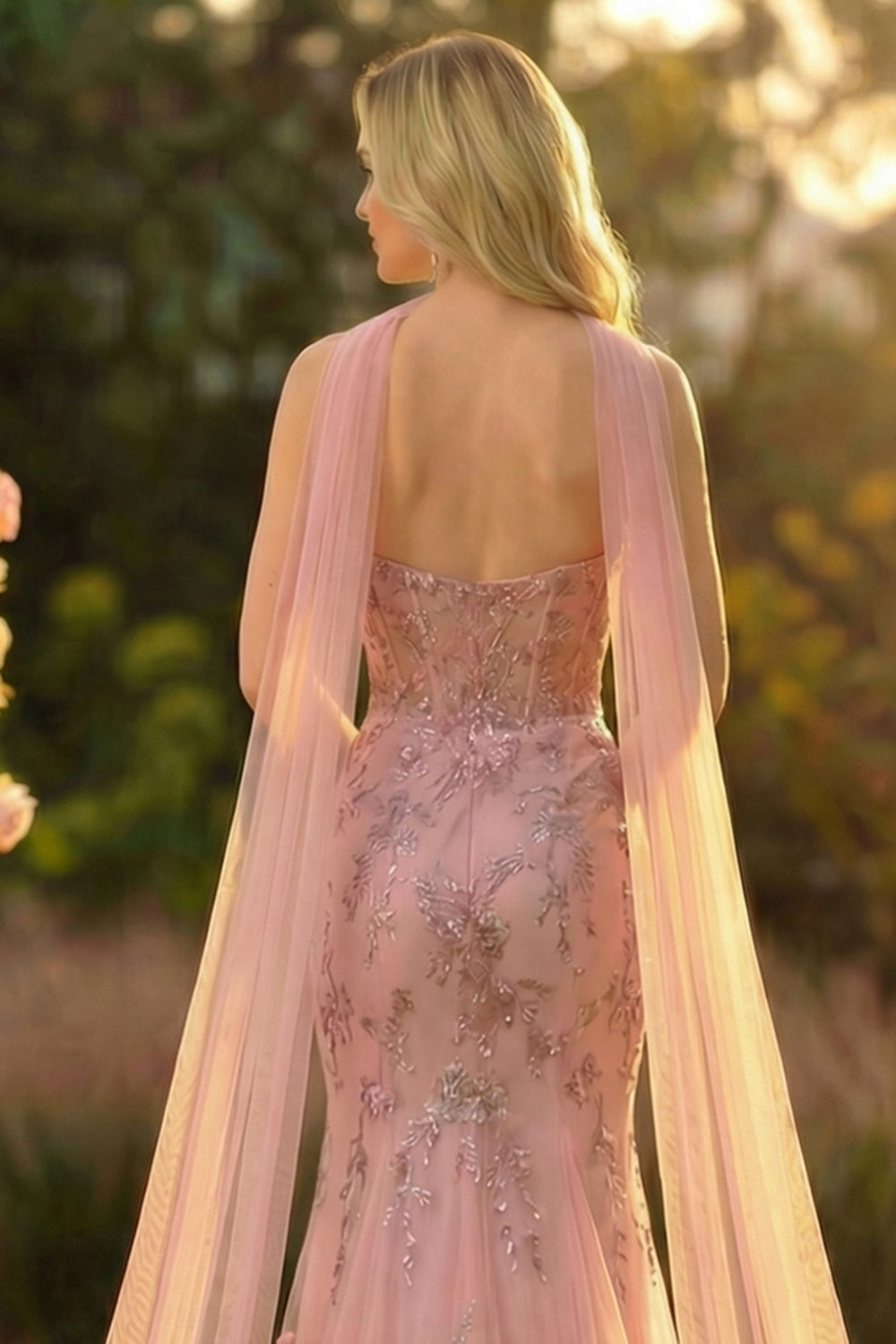 Floral Blush Mermaid Sweetheart Long Prom Dress with Cape