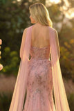 Floral Blush Mermaid Sweetheart Long Prom Dress with Cape
