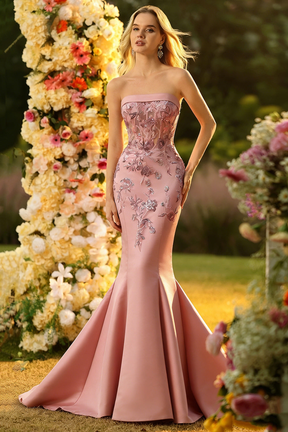 Zapakasa Women Sparkly Floral Blush Long Corset Prom Dress with Sequins