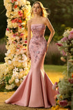 Sparkly Floral Blush Mermaid Strapless Long Corset Prom Dress with Sequins