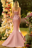 Sparkly Floral Blush Mermaid Strapless Long Corset Prom Dress with Sequins
