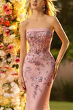 Sparkly Floral Blush Mermaid Strapless Long Corset Prom Dress with Sequins