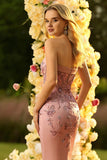 Sparkly Floral Blush Mermaid Strapless Long Corset Prom Dress with Sequins