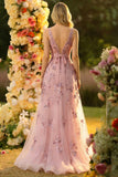 Sparkly Floral Blush A Line Tulle V-Neck Long Prom Dress with Bow
