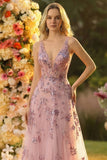 Sparkly Floral Blush A Line Tulle V-Neck Long Prom Dress with Bow