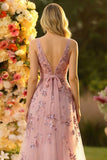 Sparkly Floral Blush A Line Tulle V-Neck Long Prom Dress with Bow