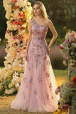 Sparkly Floral Blush One Shoulder Tulle Long Prom Dress with Appliques