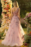 Sparkly Floral Blush One Shoulder Tulle Long Prom Dress with Appliques