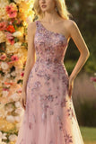 Sparkly Floral Blush One Shoulder Tulle Long Prom Dress with Appliques