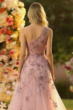 Sparkly Floral Blush One Shoulder Tulle Long Prom Dress with Appliques