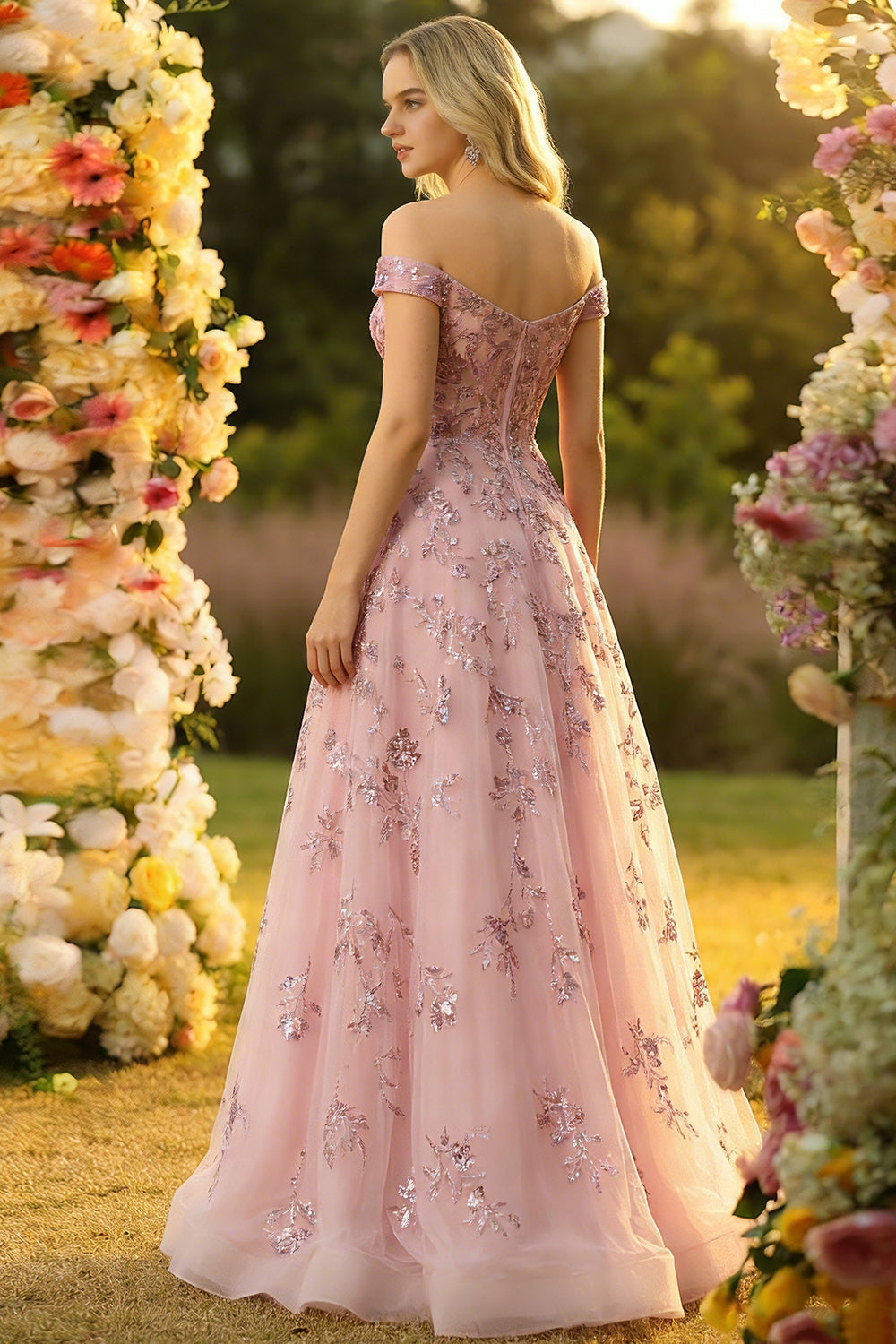 Sparkly Floral Blush Off the Shoulder Tulle Long Corset Prom Dress