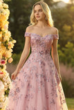 Sparkly Floral Blush Off the Shoulder Tulle Long Corset Prom Dress