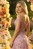 Sparkly Floral Blush Off the Shoulder Tulle Long Corset Prom Dress