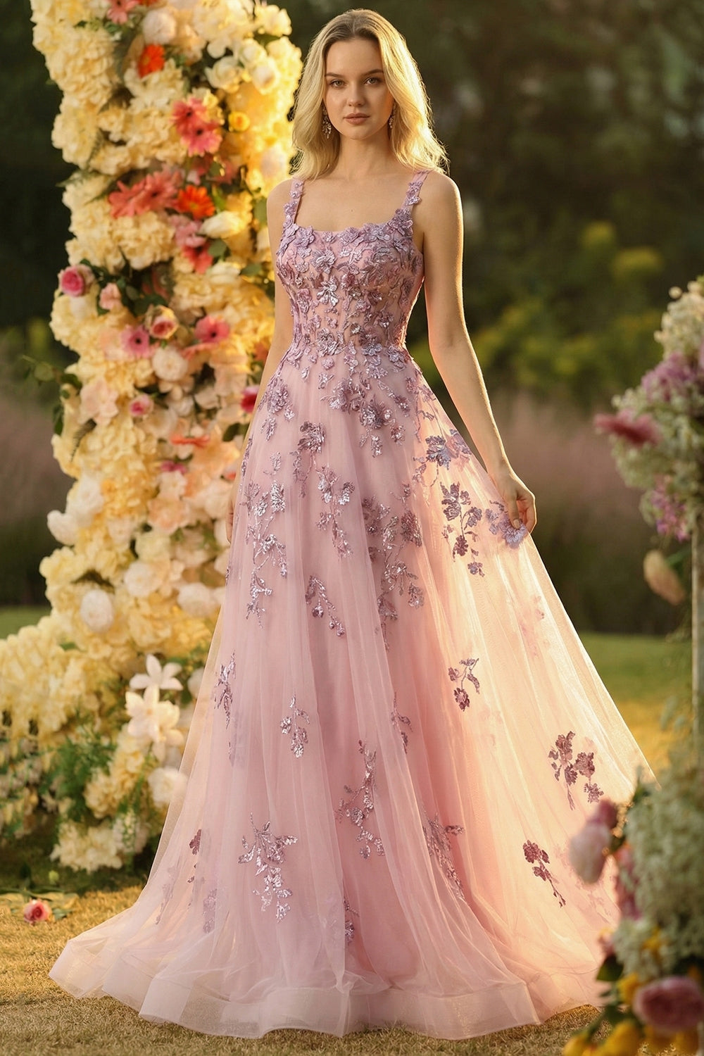 Sparkly Floral Blush A Line Thick Straps Tulle Long Corset Prom Dress