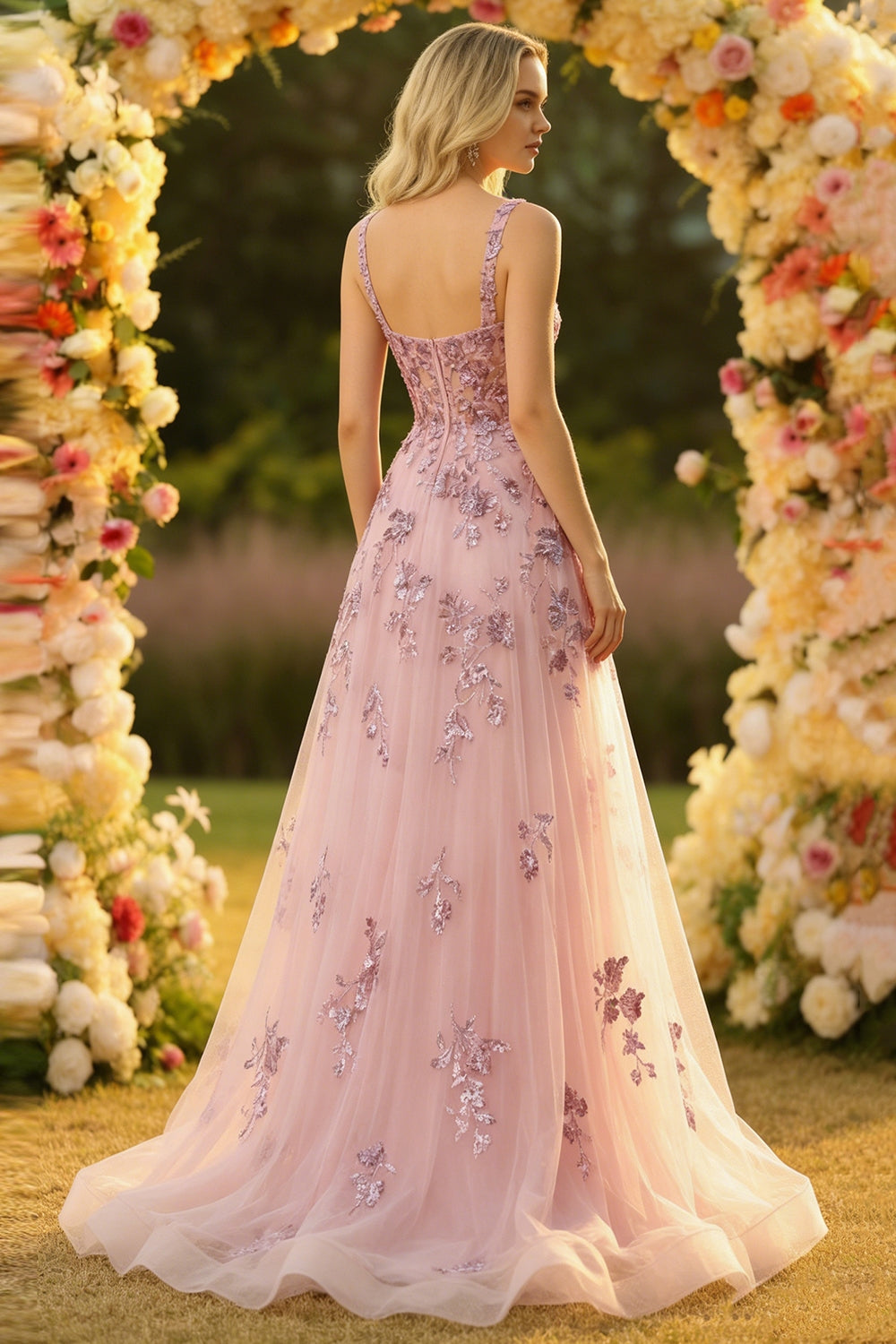 Sparkly Floral Blush A Line Thick Straps Tulle Long Corset Prom Dress