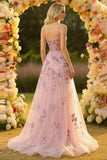 Sparkly Floral Blush A Line Thick Straps Tulle Long Corset Prom Dress