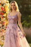 Sparkly Floral Blush A Line Thick Straps Tulle Long Corset Prom Dress