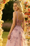 Sparkly Floral Blush A Line Thick Straps Tulle Long Corset Prom Dress