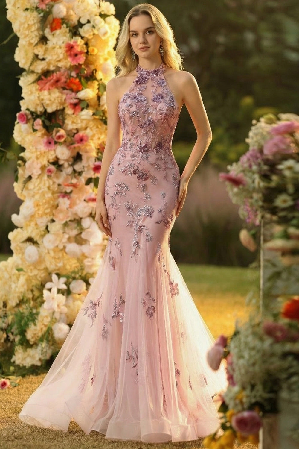 Zapakasa Women Sparkly Floral Blush Mermaid Long Prom Dress Tulle