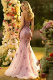 Sparkly Floral Blush Mermaid Tulle Halter Neck Long Prom Dress