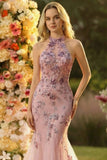Sparkly Floral Blush Mermaid Tulle Halter Neck Long Prom Dress