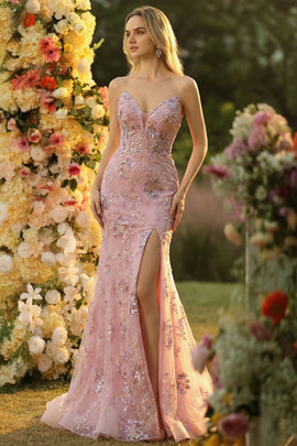 Sparkly Floral Blush Mermaid Strapless Long Corset Prom Dress with Slit