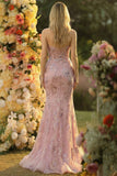 Sparkly Floral Blush Mermaid Strapless Long Corset Prom Dress with Slit