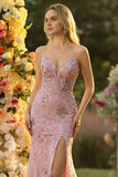 Sparkly Floral Blush Mermaid Strapless Long Corset Prom Dress with Slit