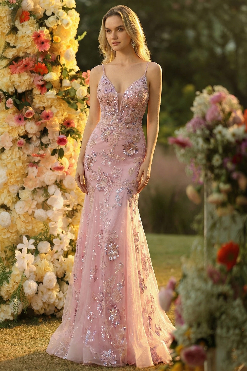 Sparkly Blush Floral Mermaid Spaghetti Straps Long Prom Dress
