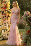 Sparkly Blush Floral Mermaid Spaghetti Straps Long Prom Dress
