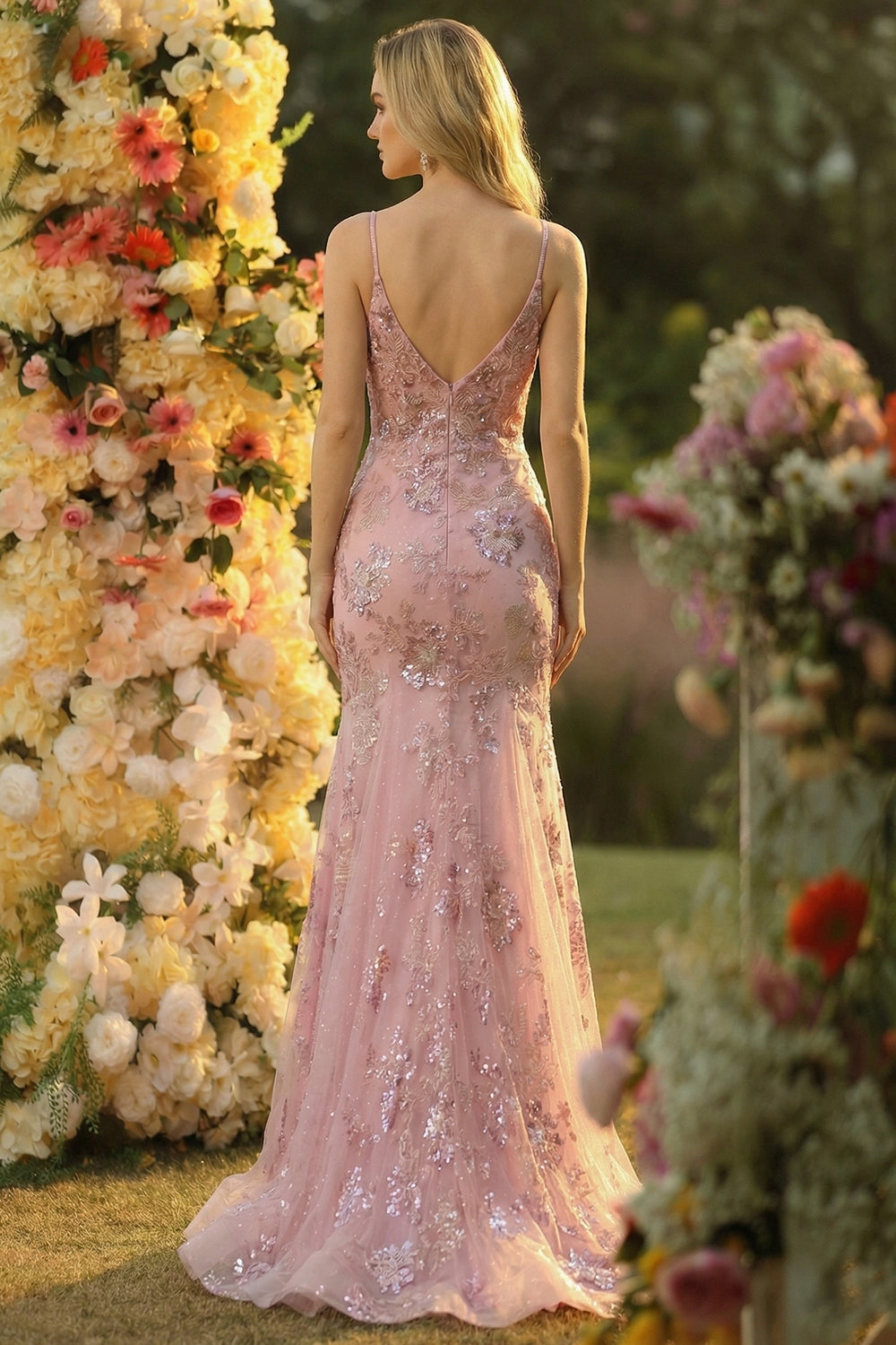 Sparkly Blush Floral Mermaid Spaghetti Straps Long Prom Dress