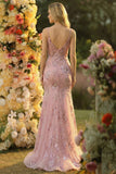Sparkly Blush Floral Mermaid Spaghetti Straps Long Prom Dress