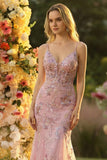Sparkly Blush Floral Mermaid Spaghetti Straps Long Prom Dress