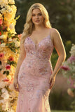 Sparkly Floral Blush Plus Size Mermaid Long  Prom Dress