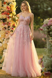 Sparkly Blush Floral A Line Spaghetti Straps Tulle Long Prom Dress