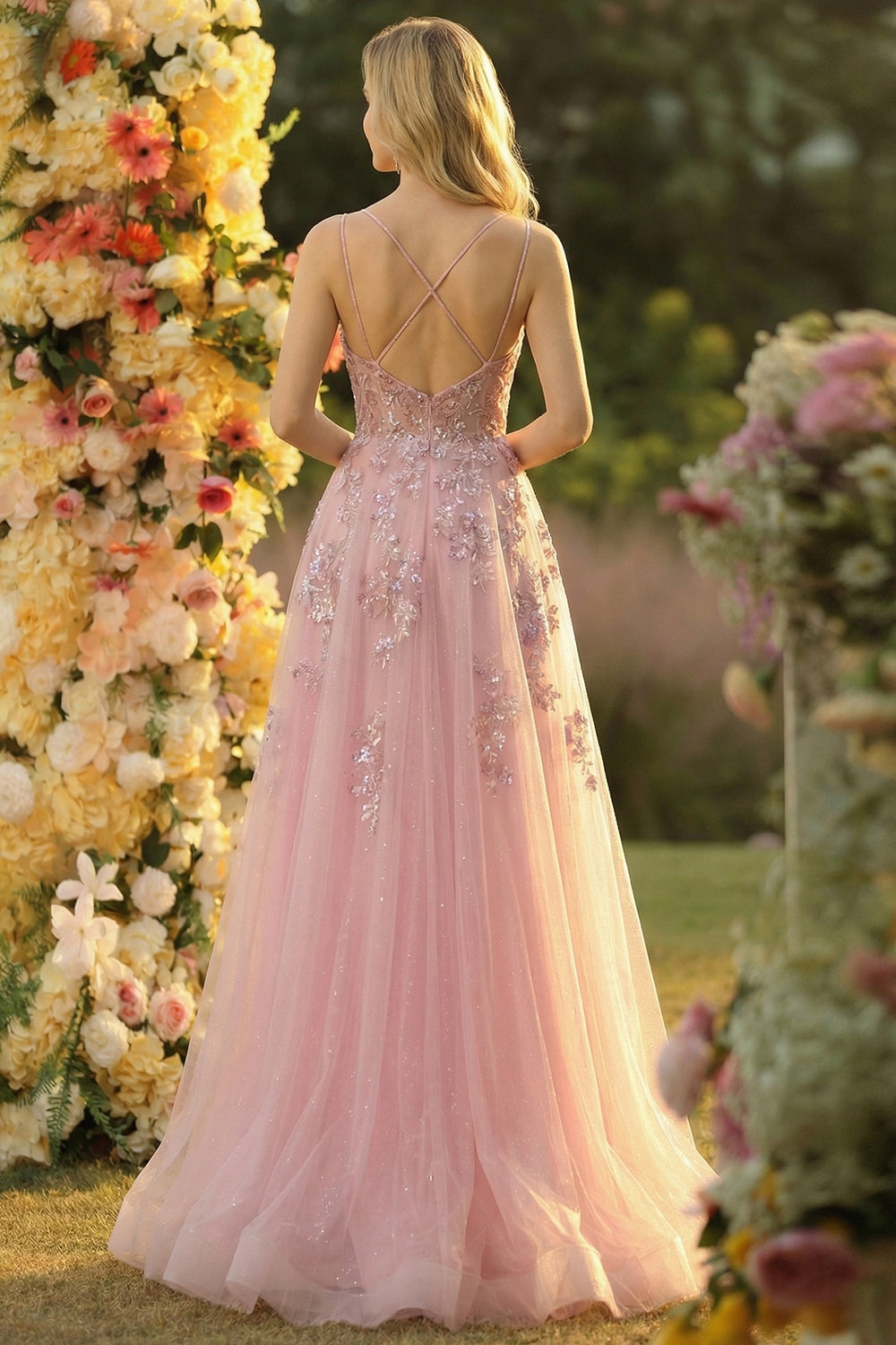 Sparkly Blush Floral A Line Spaghetti Straps Tulle Long Prom Dress