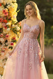 Sparkly Blush Floral A Line Spaghetti Straps Tulle Long Prom Dress