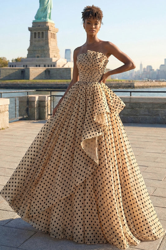 Black and Apricot Polka Dots A Line Ruffled Strapless Long Prom Dress