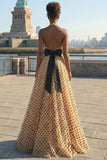 Black and Apricot Polka Dots A Line Halter Neck Long Prom Dress with Slit