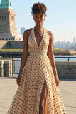 Black and Apricot Polka Dots A Line Halter Neck Long Prom Dress with Slit