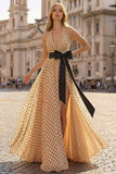 Black and Apricot Polka Dots Halter Neck A Line Long Prom Dress with Slit