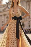 Black and Apricot Polka Dots Halter Neck A Line Long Prom Dress with Slit