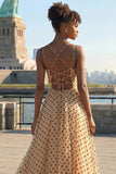 Black and Apricot Polka Dots Spaghetti Straps A Line Long Prom Dress with Slit