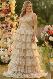 Plus Size Black and Apricot Polka Dots A Line Tiered Sweetheart Long Prom Dress