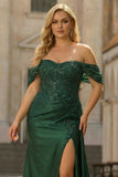 Sparkly Dark Green Floral Sheath Plus Size Long Prom Dress with Slit
