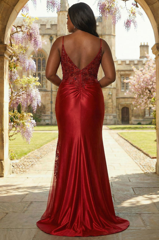 Sparkly Burgundy Floral Mermaid Plus Size Spaghetti Straps Long Prom Dress with Slit