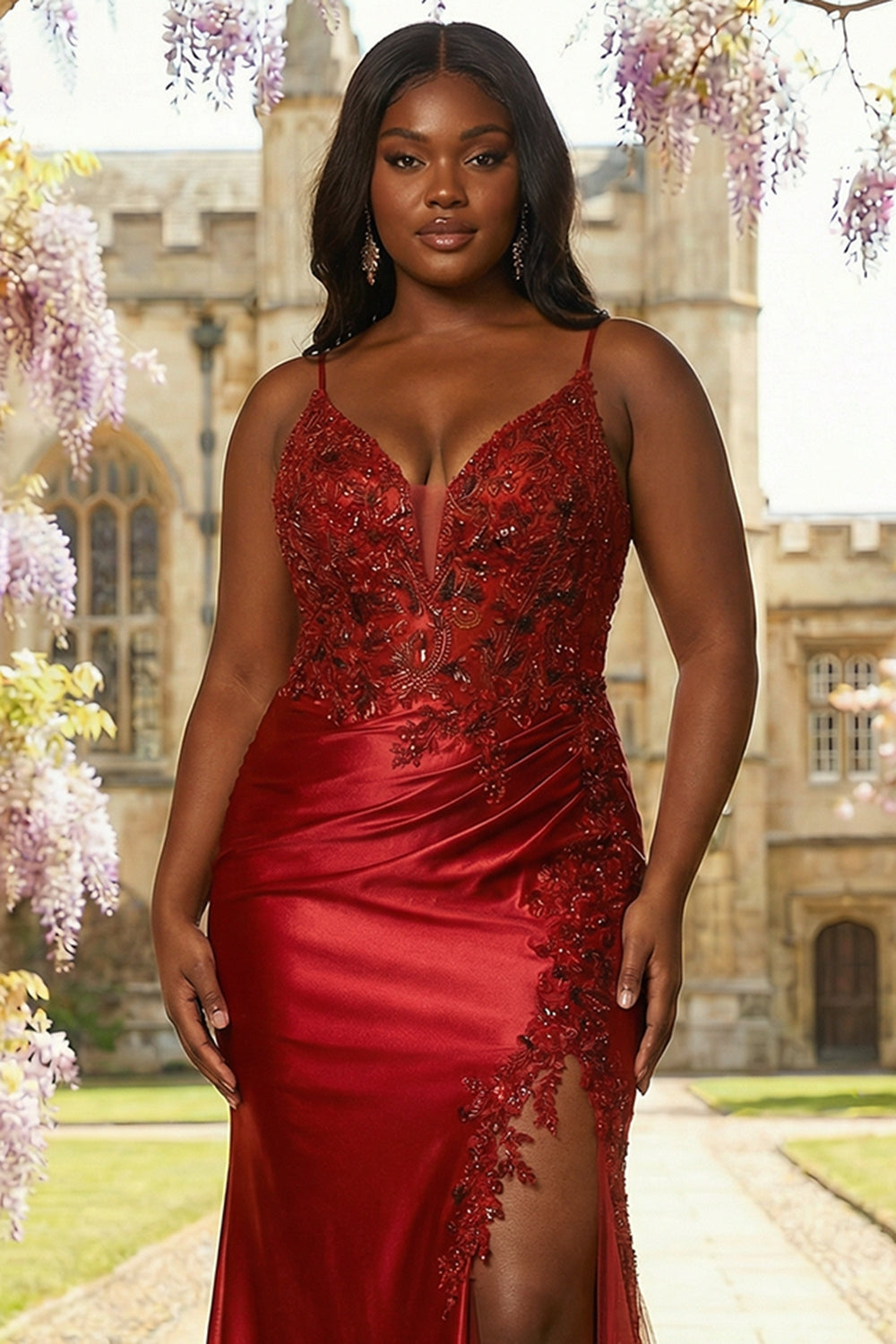 Sparkly Burgundy Floral Mermaid Plus Size Spaghetti Straps Long Prom Dress with Slit
